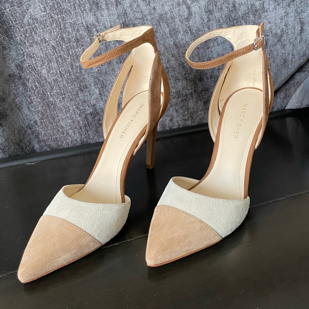 Marc Fisher Two-Tone Tan and Cream Suede Heels- new with box, size 8